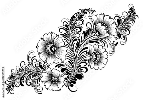 Elegant floral ornament with detailed flowers in black and white
