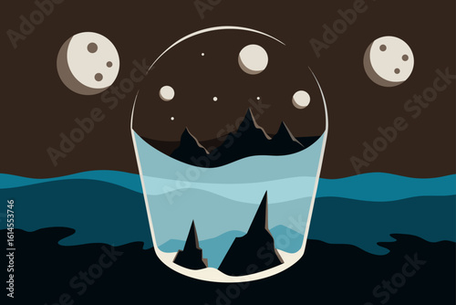 Surreal cosmic landscape viewed through a glass dome with planets and stylized mountains reflected in layered water under a dark sky