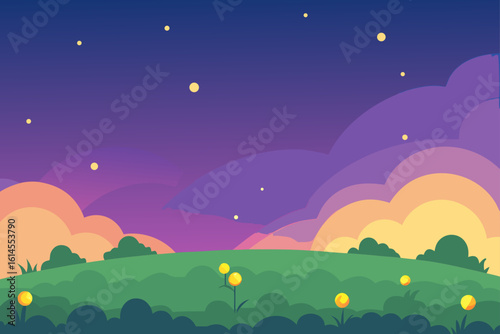 Whimsical night landscape with glowing flowers under a starry purple and orange sky evoking a sense of calm and wonder