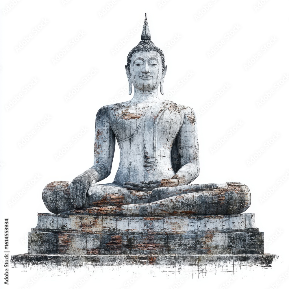 Fototapeta premium Weathered White Stone Buddha Statue in Seated Pose