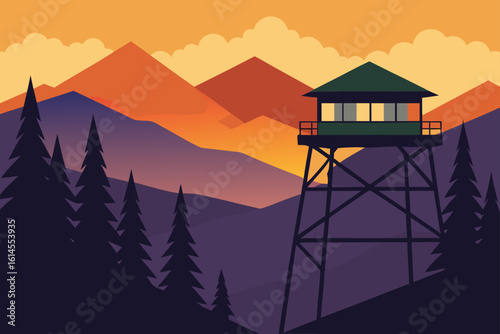 A solitary fire lookout tower stands tall against a vibrant sunset sky overlooking a serene mountain landscape with silhouetted pine trees