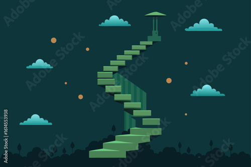 A surreal winding staircase ascends into a dark starry sky leading to a mysterious structure under the moonlight