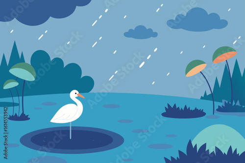 A graceful white egret stands in a tranquil pond under a stormy sky with falling rain and stylized mushroom like plants