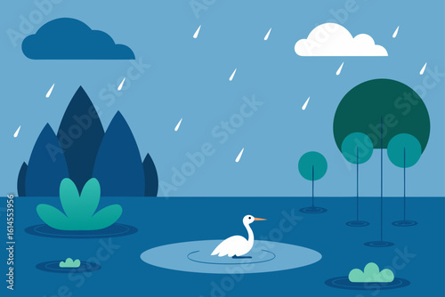 A solitary white swan floats serenely on a calm lake during a gentle rain shower surrounded by abstract trees and mountains
