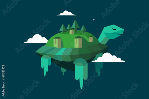 Whimsical floating island turtle home with trees and doors under a starry night sky with clouds
