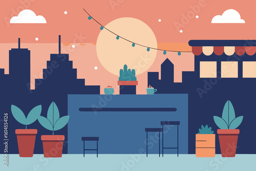 A charming rooftop bar scene with a cityscape backdrop illuminated by a large moon and festive string lights creating a relaxed evening ambiance