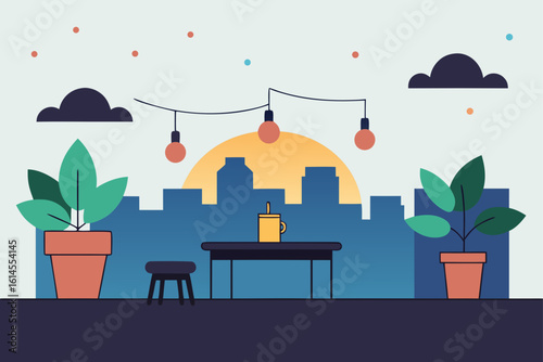 Cozy urban balcony retreat with city skyline plants and string lights creating a relaxing atmosphere at sunset