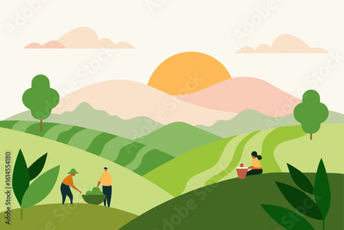 Farmers harvesting crops in a lush green valley under a warm sun with rolling hills and soft clouds in the background