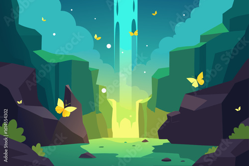 Enchanting waterfall cave with glowing light and fluttering butterflies in a lush green and teal landscape