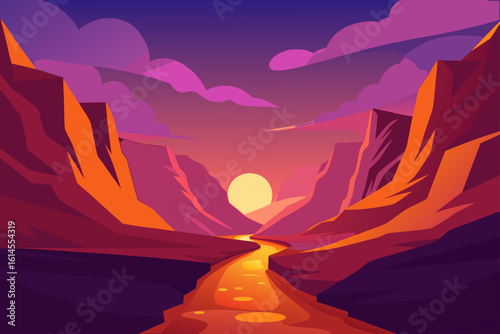 Vibrant canyon landscape at sunset with a winding river reflecting the warm hues of the sky and dramatic rock formations