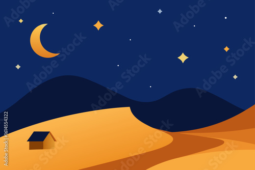 A solitary desert dwelling under a vast star filled night sky with a crescent moon illuminating the sandy dunes