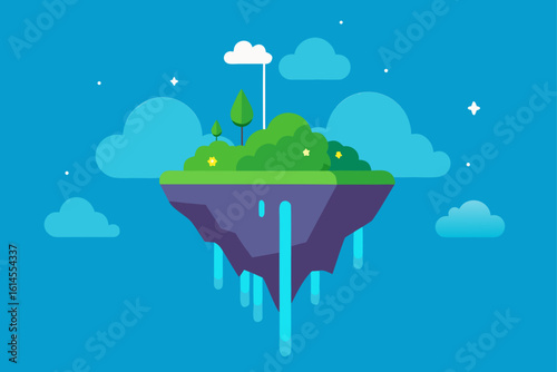 A vibrant flat illustration of a lush green floating island with waterfalls cascading into a clear blue sky filled with fluffy clouds
