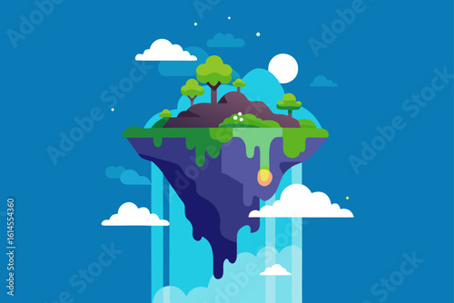 A vibrant stylized illustration of a floating island with lush green trees purple rock formations and cascading waterfalls against a bright blue sky with clouds and stars
