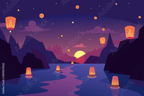 Serene sunset over water with floating lanterns and sky lanterns amidst majestic mountains