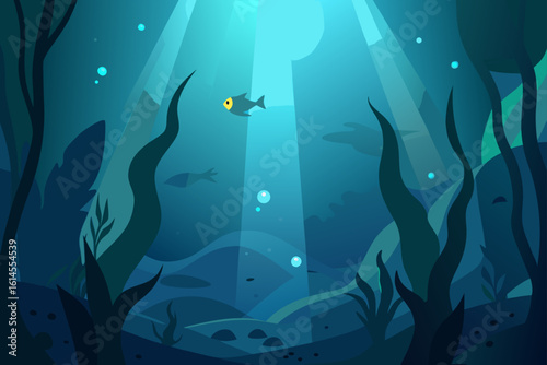 Serene underwater scene with a single fish swimming through sunbeams and kelp forests evoking a sense of calm and mystery