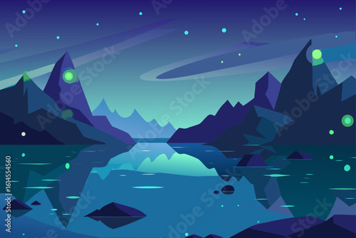 Serene mountain lake reflecting a starry aurora lit night sky with geometric peaks and glowing orbs