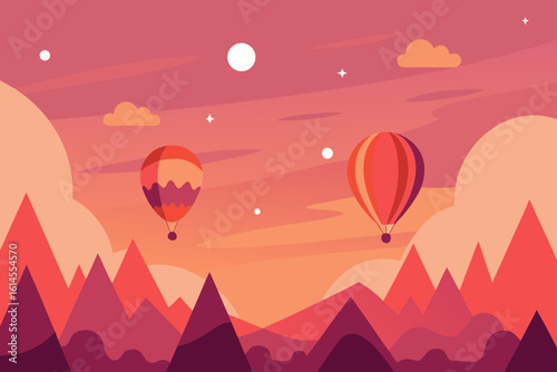 Two colorful hot air balloons float serenely over a stylized mountain range during a vibrant sunset with a full moon
