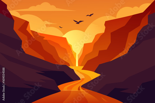 Vibrant canyon sunrise with a winding river and soaring birds