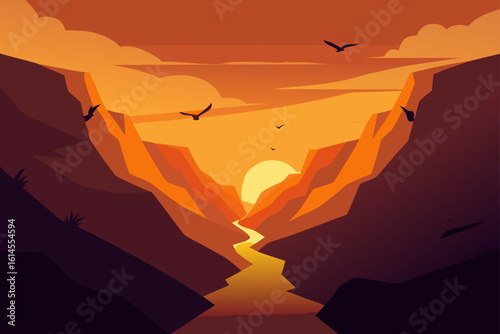 A stunning minimalist illustration of a canyon at sunset with a river and flying birds