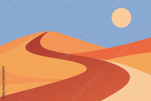 A winding path through stylized desert dunes under a clear blue sky with a bright simple sun