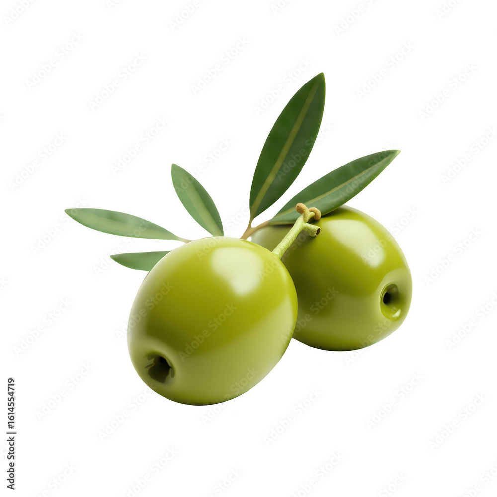 Obraz premium Two olives with leaves on a black background.