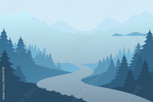 Serene blue mountain landscape with a winding road through a dense forest under a hazy sky