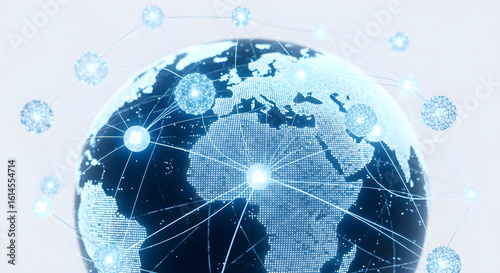 Global network connections visualized as glowing nodes linked around a translucent Earth.