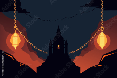 Mysterious gothic castle silhouetted against a fiery gloomy sky with hanging lanterns