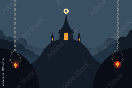 Mysterious silhouette of a haunted castle on a hill under a dark cloudy sky illuminated by eerie hanging lanterns