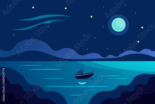 Serene night landscape with a lone sailboat under a full moon and starry sky