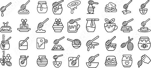 Honey jar with dipper line icons set, vector illustration
