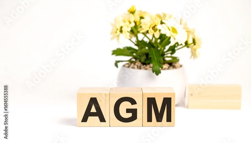 Light wooden blocks spelling AGM, next to a small potted plant with yellow flowers, on a white background