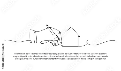 One line of architect drawing a house. Abstract minimal continuous line.
