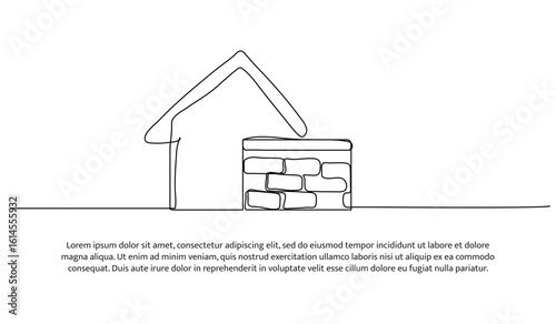 One line of house with brick building. Abstract minimal continuous line.