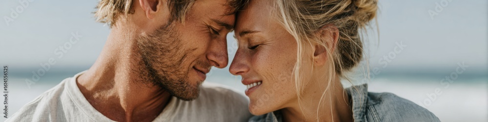 Obraz premium Authentic National Be Someone Day Couple Embracing by Ocean Horizon in Summer for Millennial Lifestyle Marketing and Inspiring Relationship Advertising Campaigns