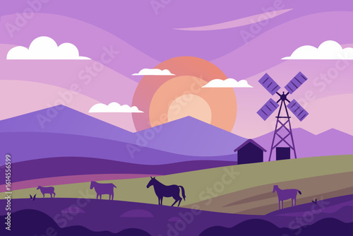 Serene rural landscape with a windmill grazing animals and a vibrant sunset over rolling hills and mountains