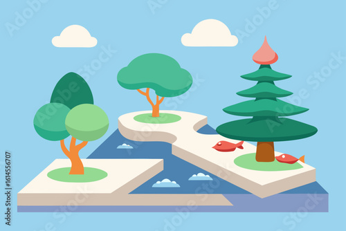 A charming isometric landscape featuring a winding path connecting islands with stylized trees fluffy clouds and playful fish swimming in the blue water