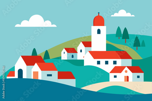 Charming european village scene with white buildings and red roofs nestled on rolling hills under a bright blue sky