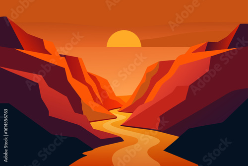 Serene canyon landscape with a winding river reflecting the warm glow of a setting sun under a vibrant orange sky