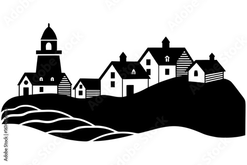 Stylized black and white silhouette of a coastal village with a prominent lighthouse and houses perched on a rolling hill overlooking wavy water