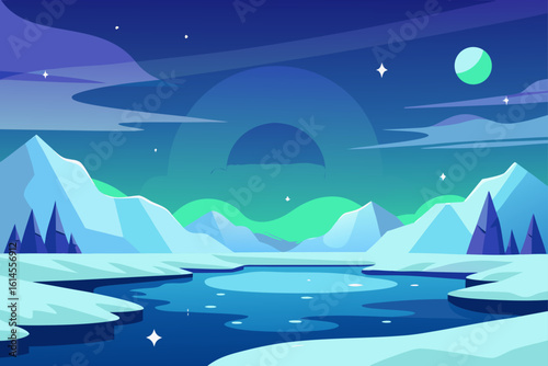 Stylized arctic landscape under a starry night sky with aurora borealis and a crescent moon