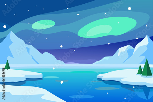 Serene arctic landscape under the aurora borealis with snow covered mountains and frozen waterways