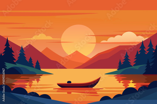Serene mountain lake at sunset with a lone boat reflecting the warm orange and red hues of the sky