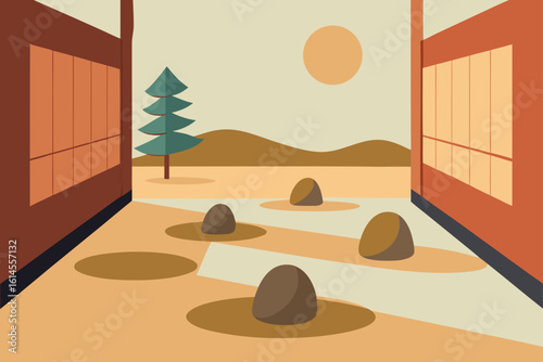 Serene japanese zen garden with a stylized tree and distant hills under a warm sun