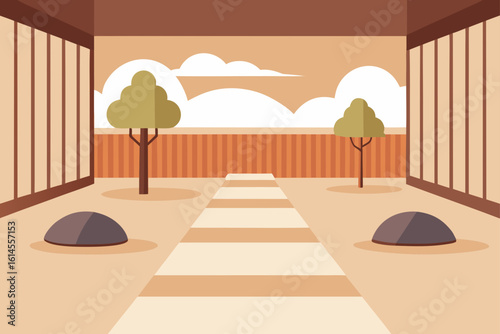 Serene japanese garden with stone lanterns minimalist trees and a path leading to a wooden fence under a cloudy sky