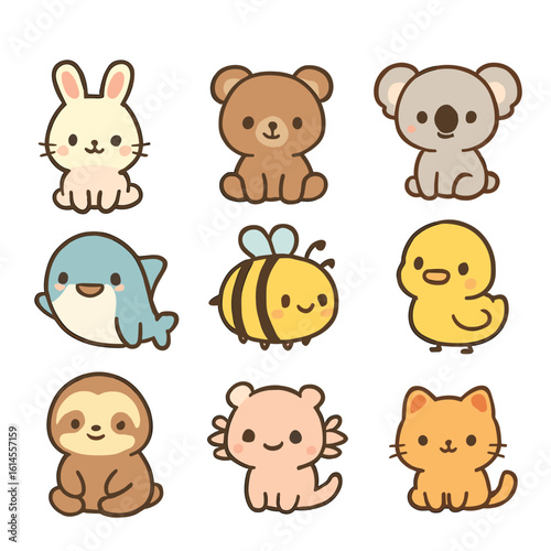 Nine Cute Kawaii Animal Characters, Rabbit, Bear, Koala, Dolphin, Bee, Duck, Sloth, Axolotl, Cat