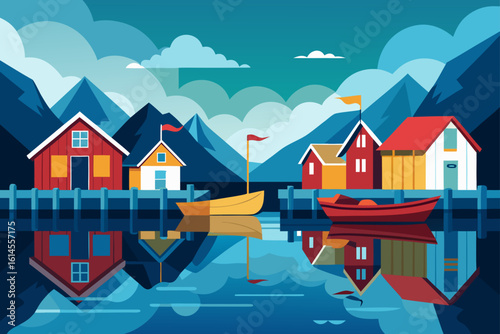 Serene scandinavian fjord village with colorful houses and boats reflected in calm water under a cloudy sky