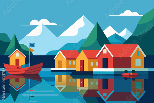 Serene coastal village with colorful houses and majestic mountains reflected in calm waters