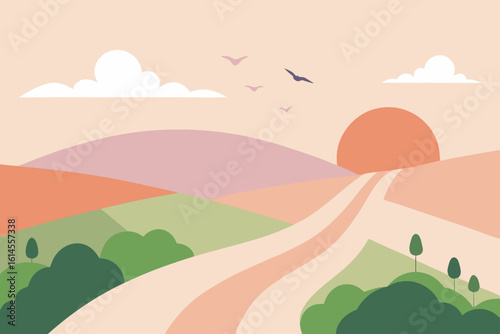 A serene minimalist landscape featuring rolling hills a winding path and a warm sunset with birds flying in the pastel sky