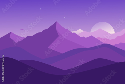 Serene purple mountain landscape under a twilight sky with a rising sun and scattered stars evoking a sense of calm and mystery